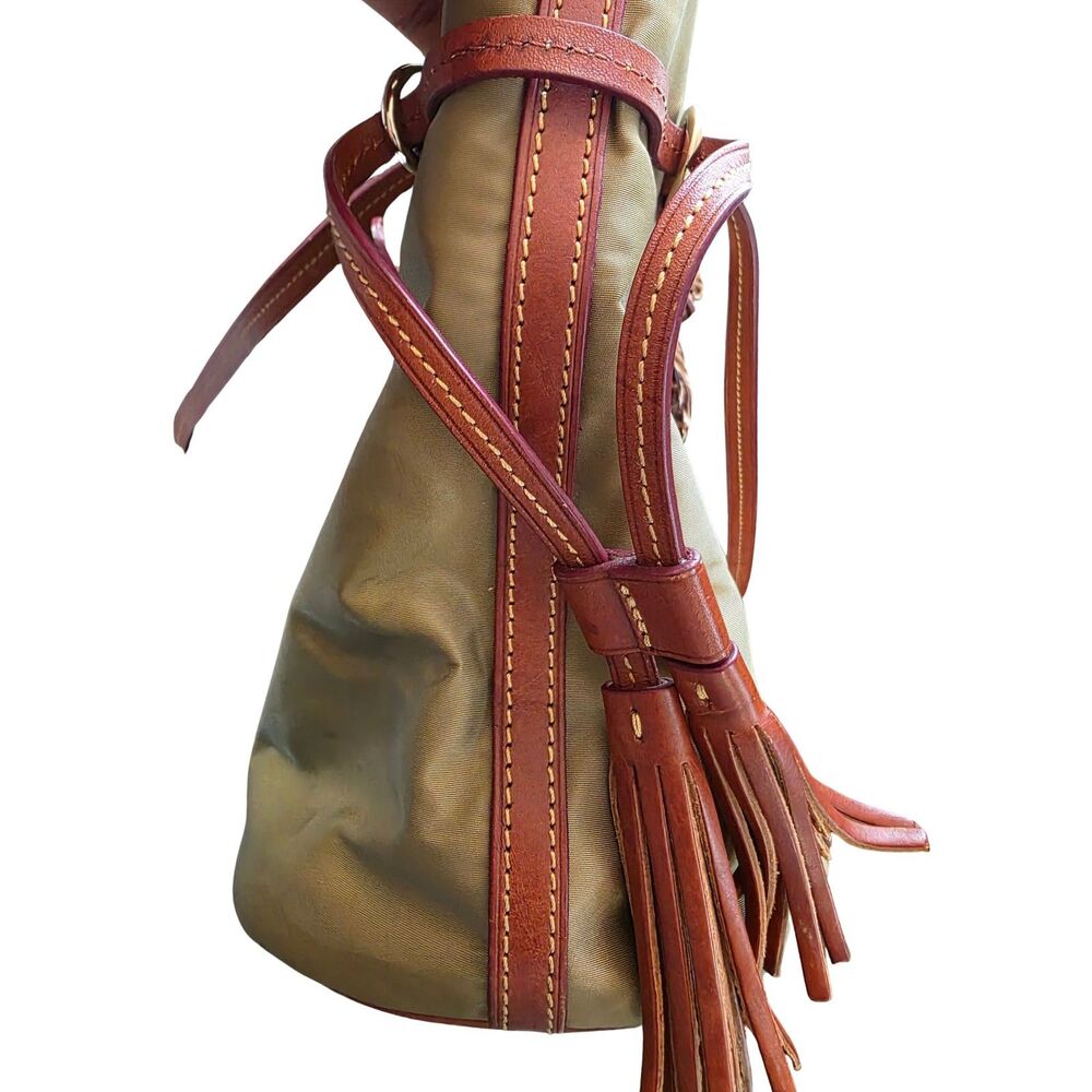 Dooney & Bourke Olive Khaki Nylon Shopper Tote Brown Leather Tassel - Picture 5 of 6